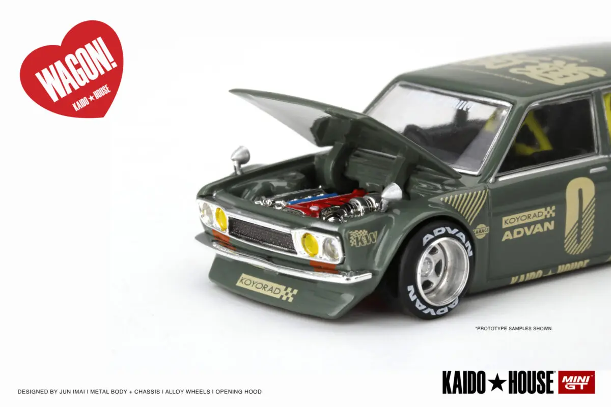 Macheta auto Kaido House Datsun 510 Wagon, Verde, 1:64 Mini GT