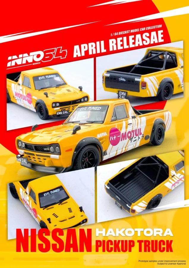 Macheta auto Nissan Hakotora Pick Up Truck Motul Livery Yellow 1:64 Inno64 - imagine 3