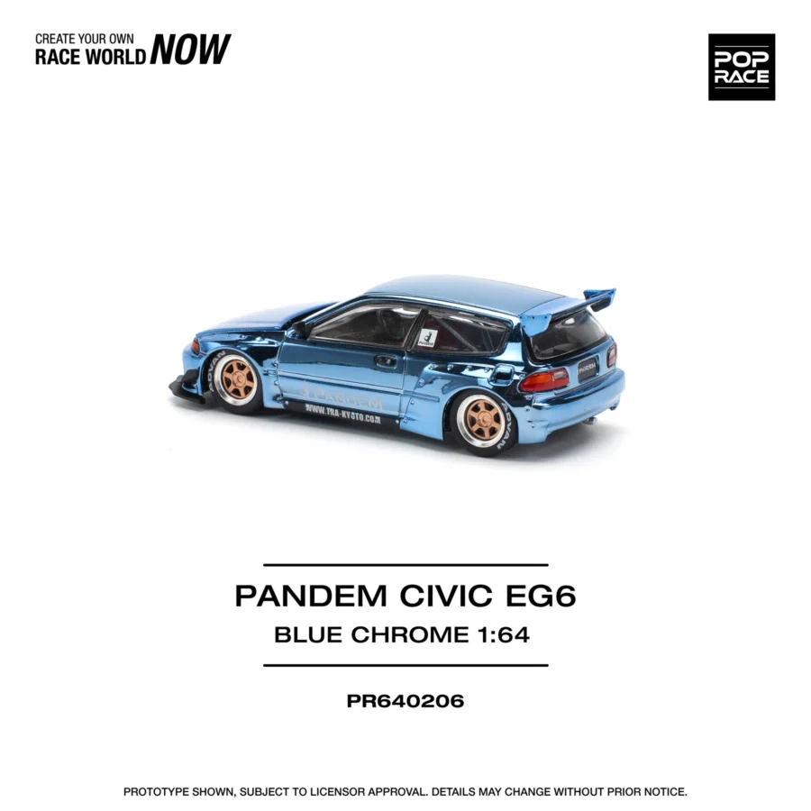Macheta auto Honda Pandem Civic Eg6 Blue chrome 1:64 Pop Race - imagine 2