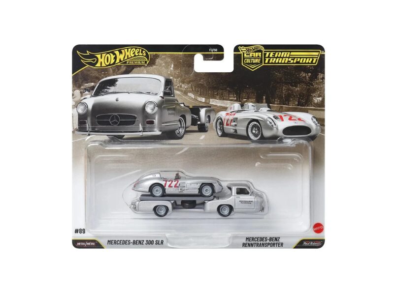 Macheta auto Team Transport Mercedes Benz 300 SLR Uhlenhaut + 1955 Mercedes-Benz Blaues Wunder 1:64 Hot Wheels