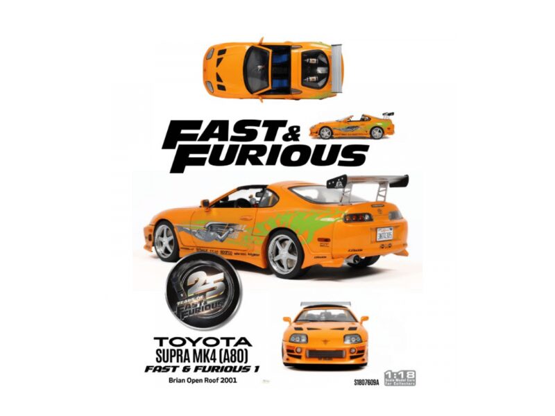 Macheta auto Toyota Supra MK4 (A80) Fast Furious 1 Brian Open Roof 2001 1:18 Solido - imagine 4
