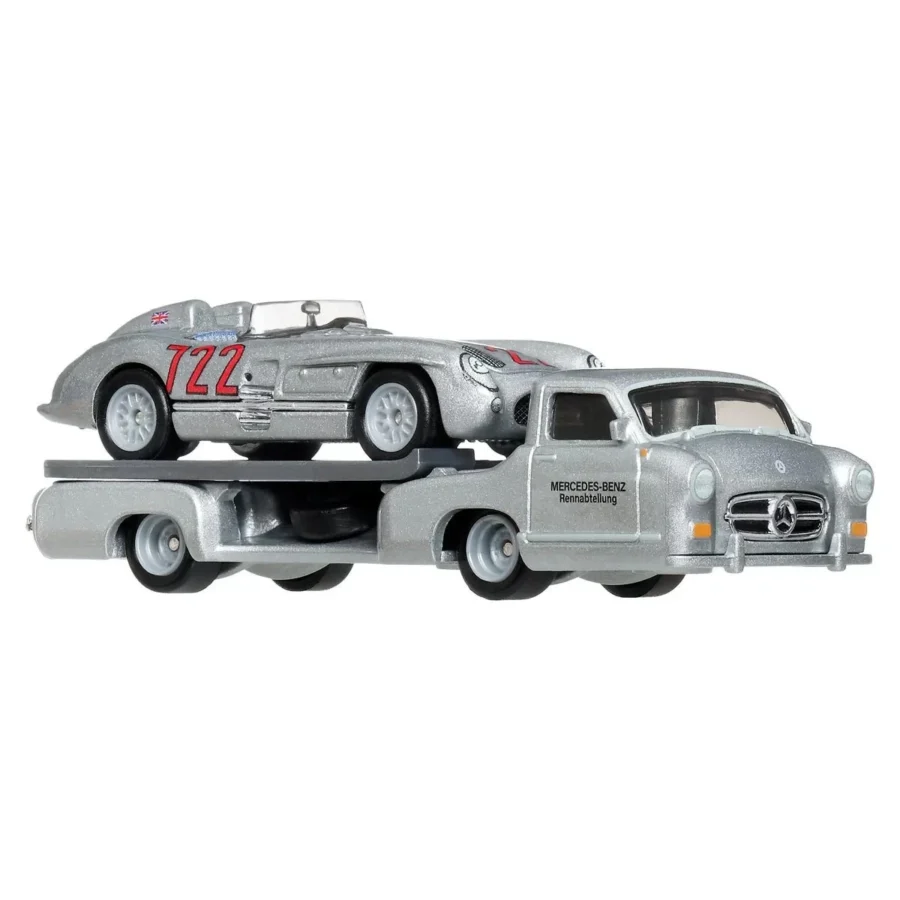 Macheta auto Team Transport Mercedes Benz 300 SLR Uhlenhaut + 1955 Mercedes-Benz Blaues Wunder 1:64 Hot Wheels - imagine 2