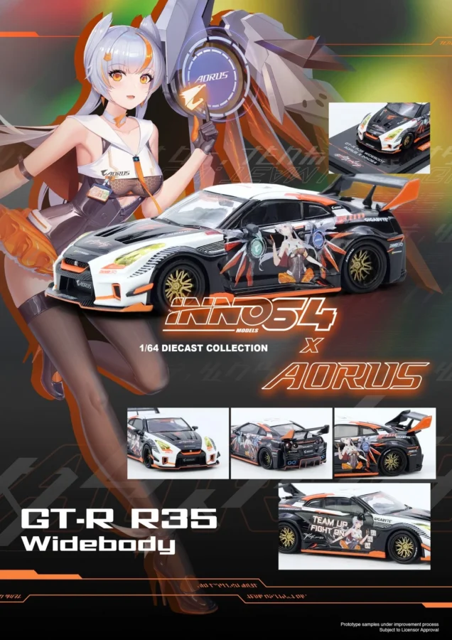 Macheta auto Nissan Gt-R R35 Widebody Aorus 1:64 Inno64 - imagine 4